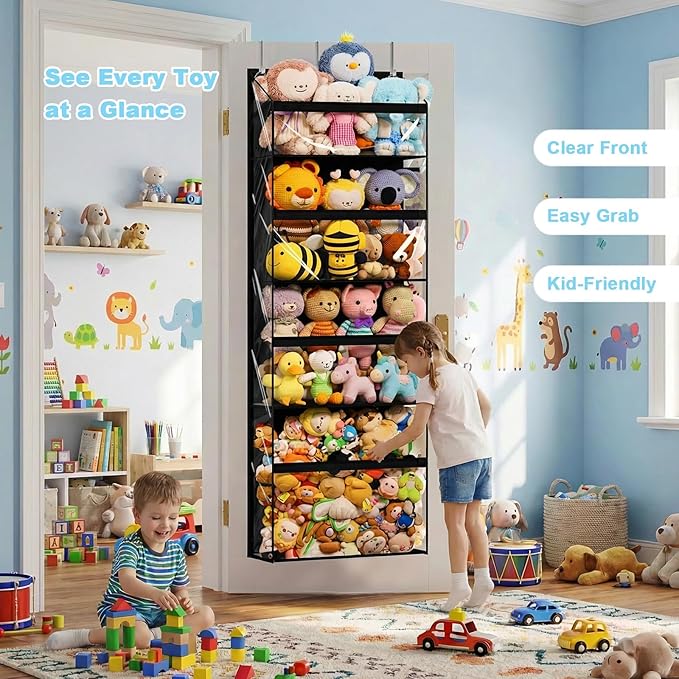 Heavy Duty Stuffed Animal Storage, 4-Tier Clear Extra Large Over The Door Organizer for Stuffies, Baby Ideas Holder, Toy Plush Hanging Organizer Big Girls Toddler Bag Animals Stuffy, Black