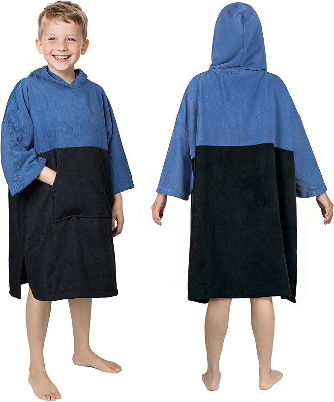 Hooded Beach Towels for Kids Surf Poncho Swim Robe for 6-13 Years, 3/4 Sleeve Big Kids Hooded Bath Towels Thick Changing Robe Girls Boys, Black Blue