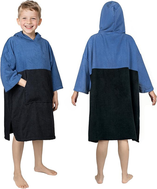 Hooded Beach Towels for Kids Surf Poncho Swim Robe for 6-13 Years, 3/4 Sleeve Big Kids Hooded Bath Towels Thick Changing Robe Girls Boys, Black Blue