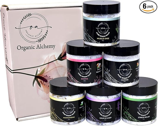 Epsom Bath Salts Gift Set, Relaxing Spa Salt & Essential Oils, Bubble Bath Soaks - Lavender, Eucalyptus, Coconut, Shea Butter, Rose Mary & Aloe Vera Self Care Gifts for Women (6 Pack)