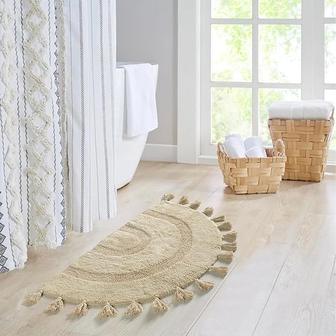 Half Circle Boho Bathroom Rug with Tassels 100% Cotton Hand-Woven Bath Mat Non Slip Absorbent Crochet Rug Washable Boho Bath Mat Carpet for Tub, Shower 27.5 Inch