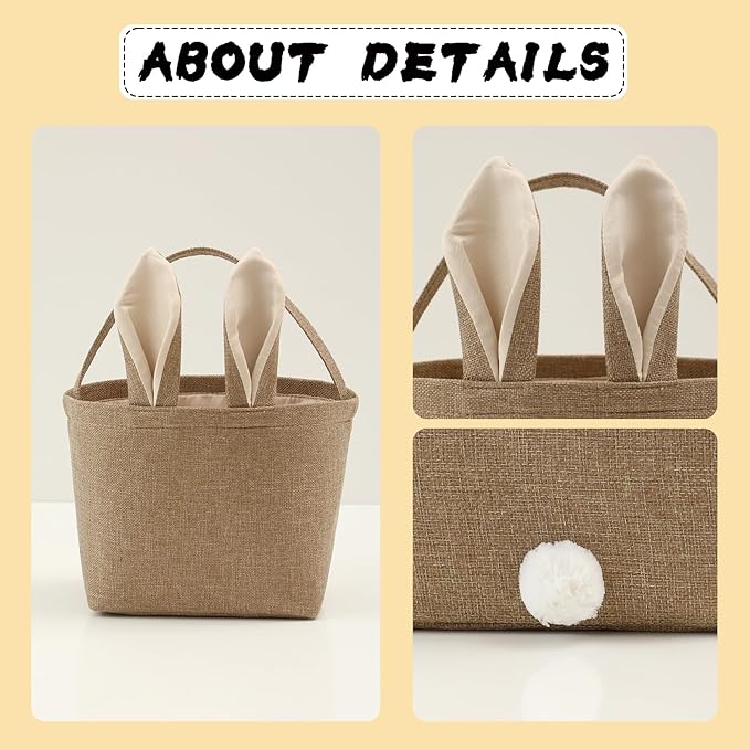 Easter Bunny Basket for Kids,Cute Easter Bucket Bags with Rabbit Ears for Easter Eggs Hunting,Easter Decorations,Candy Gifts Storage (Linen)