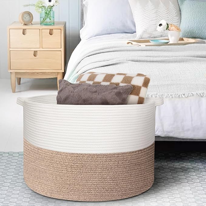 115L Super Large Blanket Basket, Kids Dog Toy Storage Bin Box, Oversized Nursery Baby Toy Organizer, Cotton Rope Woven Bin, XXXL Jumbo Basket for Blankets for Living Room, 23.6"x15.7", Brown