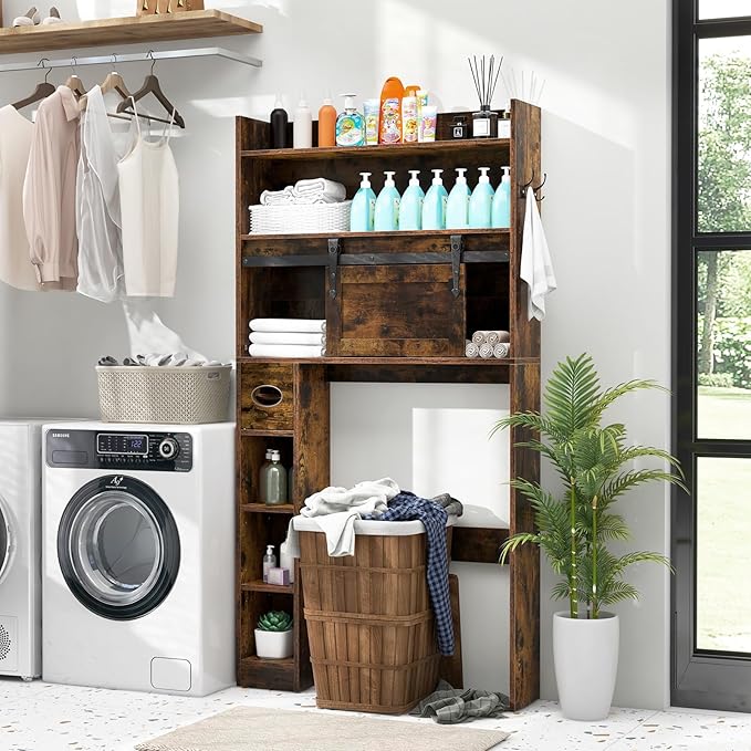 Tangkula Over The Toilet Storage Cabinet, Farmhouse Freestanding Above Toilet Rack w/Sliding Barn Door, Adjustable Shelves, Toilet Paper Holder, 2 Hooks, Bathroom Space Saver (Retro, Rustic Brown)
