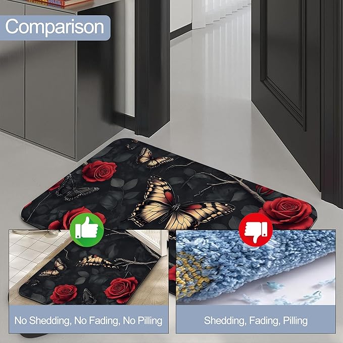 Gothic Butterfly Bathroom Rugs, Non Slip Quick Dry Red Rose Flower Bath Mats for Bathroom, Super Absorbent Diatomaceous Bathmat for Home Kitchen Thin Floor Doormat 17 X 29.5 Inch