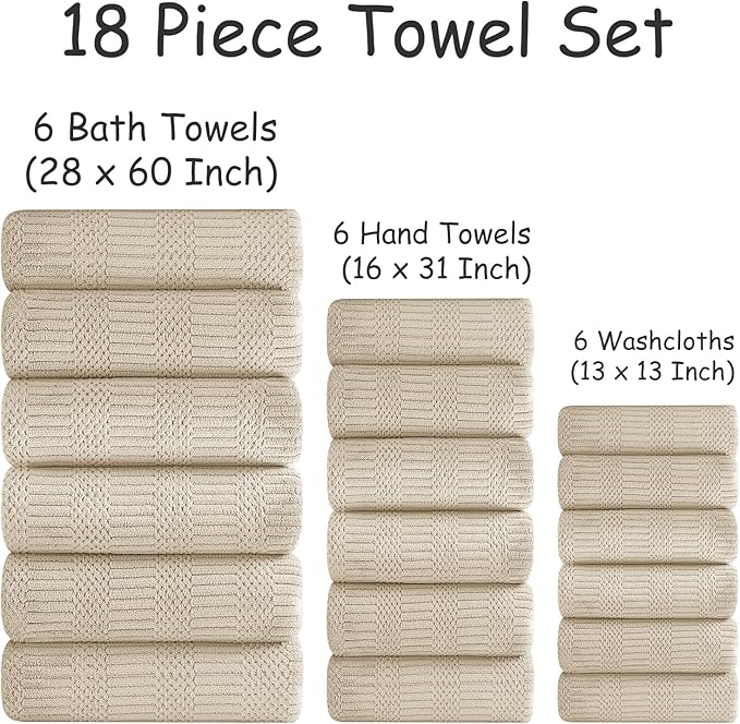 18 Pcs Camel Woven Family Towels Set-6 Bath Sheets,6 Hand Towels,6 Washcloths Soft Polyester Towels Absorbent Shower Towel Quick Dry Beach Chair Towel Lint Less Towels Set for Bathroom Spa Gym Hotel