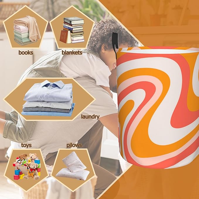 Retro 60s Waves Laundry Basket Foldable Waterproof Oxford Cloth With Handles Colorful Groovy Laundry Hamper Clothes Storage Bucket Toy Organizer For Bathroom/Laundry/Bedroom 16" x 20"