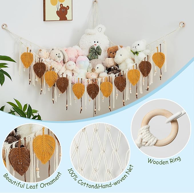 Pretty Jolly Macrame Stuffed Animal Hammock with Beads Hand Woven Leaf Tassels Corner Hanging Net Boho Plush Holder for Toys Kid Room Nursery Decor Organizer for Girls Gift(Dark Yellow&Caramel)