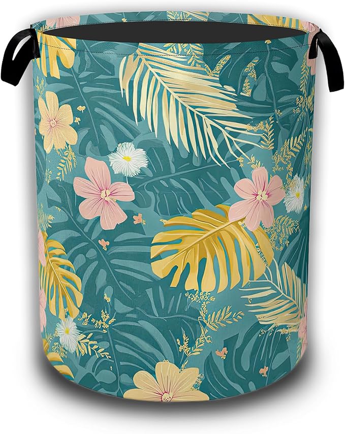 Hawaiian Laundry Hamper, Tropical Palm Leaves Collapsible Laundry Baskets Waterproof Oxford Cloth With Handles,Clothes Storage Bucket Toy Organizer For Bathroom/Nursery/Bedroom 16" x 20.8"