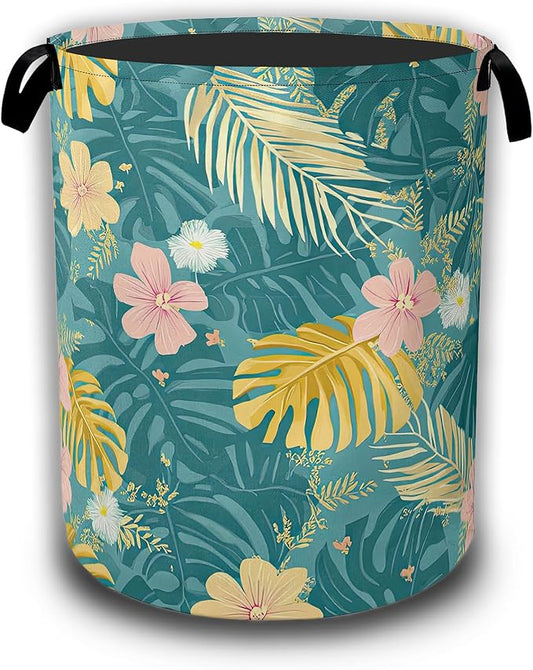 Hawaiian Laundry Hamper, Tropical Palm Leaves Collapsible Laundry Baskets Waterproof Oxford Cloth With Handles,Clothes Storage Bucket Toy Organizer For Bathroom/Nursery/Bedroom 16" x 20.8"