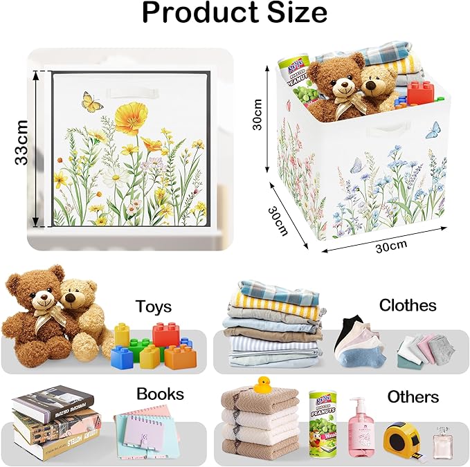 11.8" Wild Flower Storage Cube Organizer Set 3Pcs Clothes Storage Basket Bin for Closet Shelf Garden Butterfly Nursery Kid Room Book Toy Chest, Plant Bush