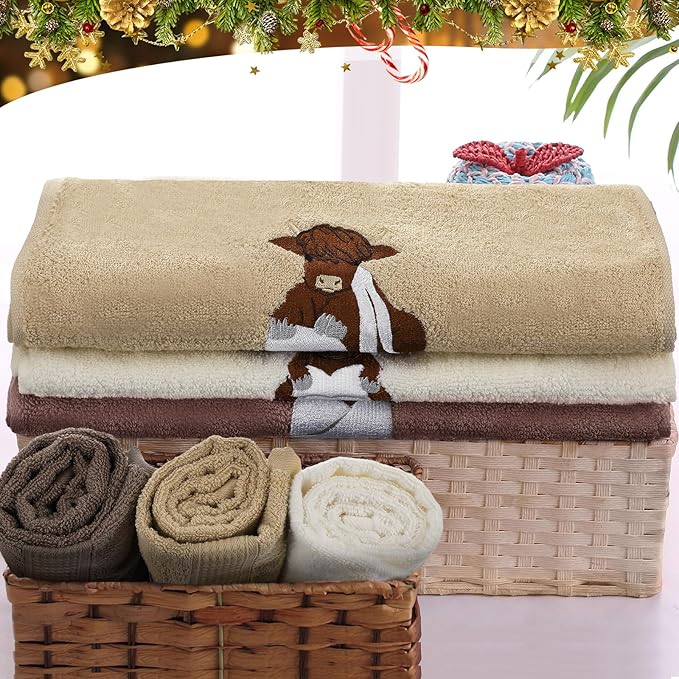 3 Pcs Highland Cow Hand Towels Embroidered Cow Farmhouse Decorative Bath Towels for Bathroom Kitchen Decor Country Farm Highland Holiday Housewarming Gifts, 100% Cotton, 13.3 x 29.5''