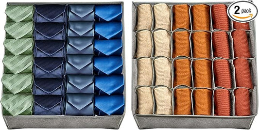 2 Pack 48-Cell Fabric Sock Organizer and Tie Organizer For Men - Fabric Foldable Drawer Divider for Socks, Underwear, Ties and Belts - Foldable, Multi-Cell Design, Space-Saving (Grey)