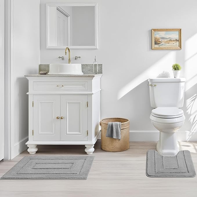 GRANNY SAYS Bathroom Rugs Sets 3 Piece, Super Soft Absorbent Microfiber Bath Mats Non Slip Washable, U-Shaped Toilet Rug Bath Rugs for Tub Shower (Grey, 16" x 24" + 20" x 32" + U Shaped 20" x 24")