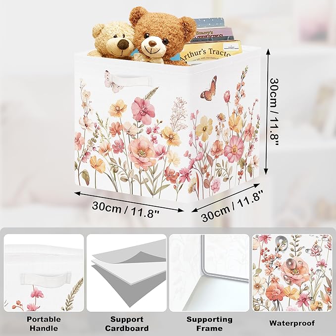 11.8" Wild Flower Storage Cube Organizer Set 3Pcs Clothes Storage Basket Bin for Closet Shelf Garden Butterfly Nursery Kid Room Book Toy Chest, Wildplants