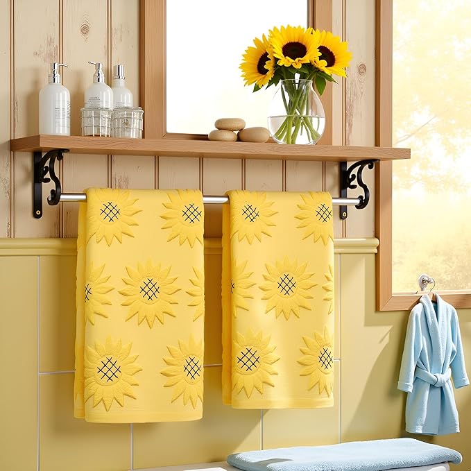 2pcs Sunflower Hand Towels for Bathroom Decorative Towels Set 100% Cotton Yellow Jacquard Spring Summer Floral Bath Towels Dish Kitchen Towels Kitchen Bathroom Decor Gift (Sunflower Yellow)