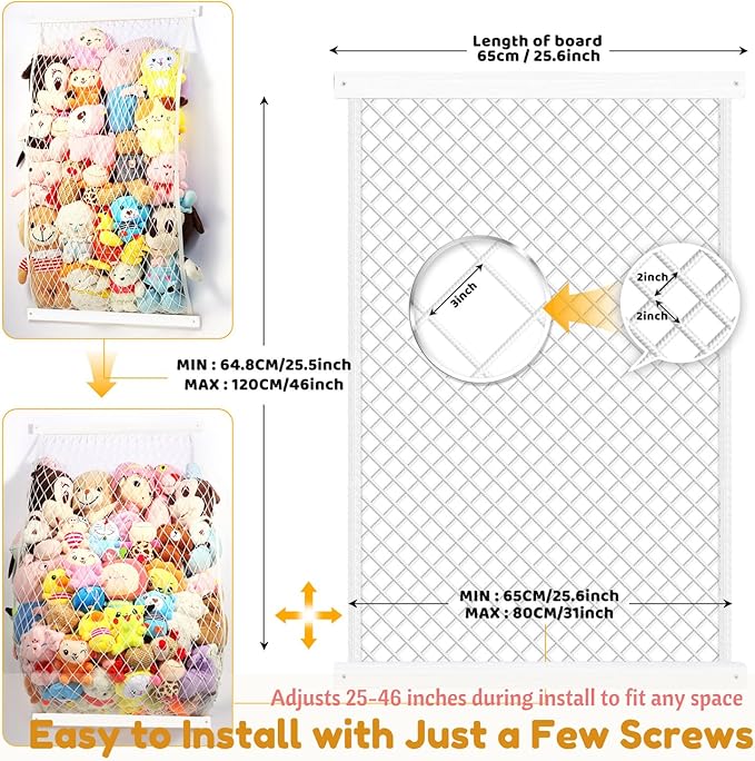 Stuffed Animal Storage Holder, Elastic Stuffed Animal Net,Door/ Wall Mount Length Adjustable Hanging Stuffed Animal Organizer, Plushie Net For Nursery Play Room-White Boards Patent