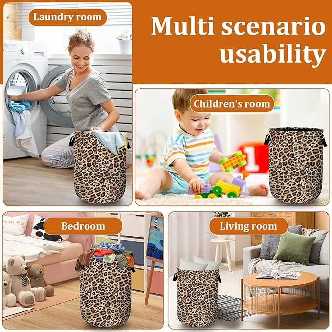 Brown Leopard Laundry Basket with Sturdy Handles, Natural Animal Skin Print Collapsible Oxford Cloth Laundry Hamper Organizer Basket for Bathroom Bedroom 15.7x20 Inch