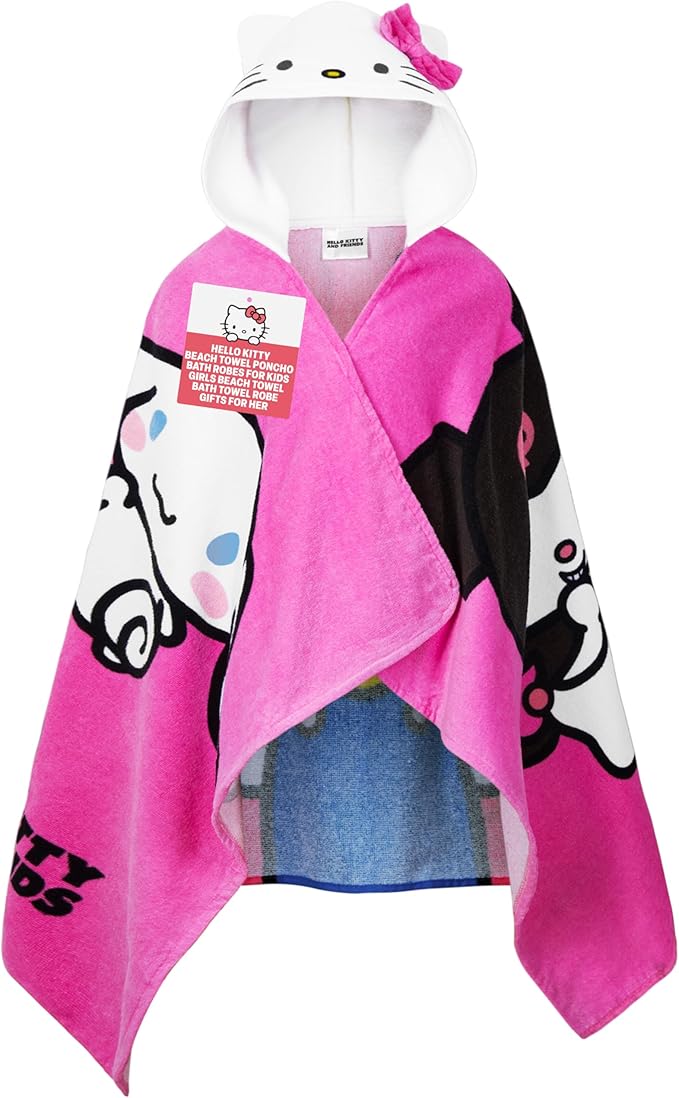 Hello Kitty Beach Towel with Hood for Girls Cinnamoroll Kuromi Kids Poncho Bath Towels Kawaii Beach Accessories Travel Essentials Girls Gifts (Pink Towel Hello Kitty, 6-14 Years)