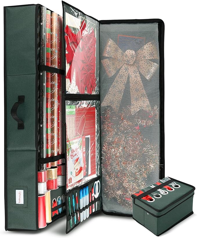 Hearth & Harbor Wrapping Paper Storage Container with Ribbon Storage Organizer - Christmas Storage Bag with Extra Interior Pockets - Gift Wrapping Organizer Storage Fits Up to 26 Rolls of 40" Length