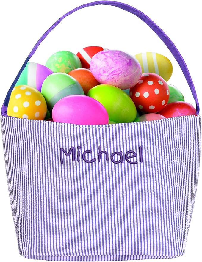 Custom Embroidered Easter Baskets - Personalized Seersucker Bunny Tote Bag for Kids, Boys & Girls - Perfect for Candy & Gifts