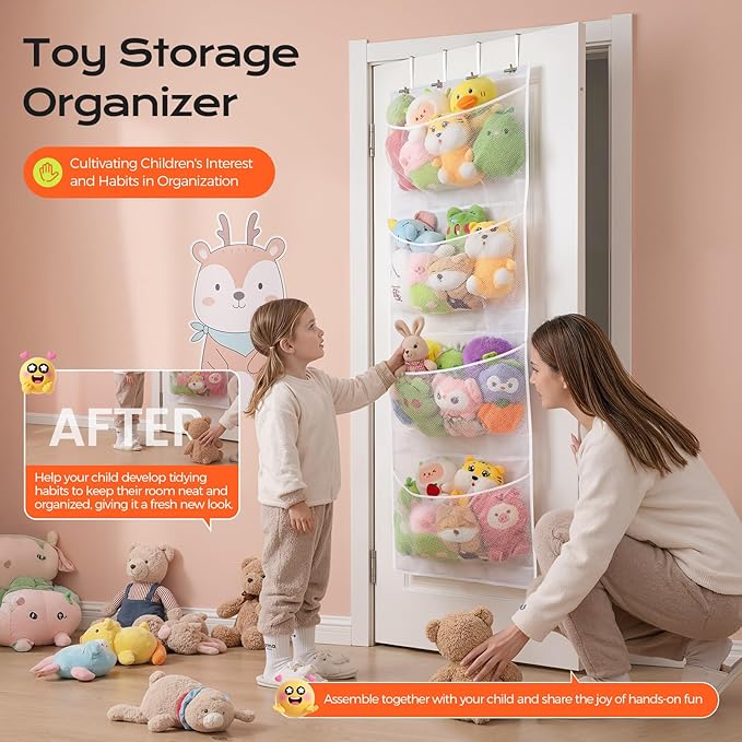 Upgraded Assembly Type Stuffed Animal Storage. Original Design & Patented, 4 Components Over the Door Organizer, Adjustable Stuffed Animals Storage, Suitable for Doors and Walls of Various Heights.