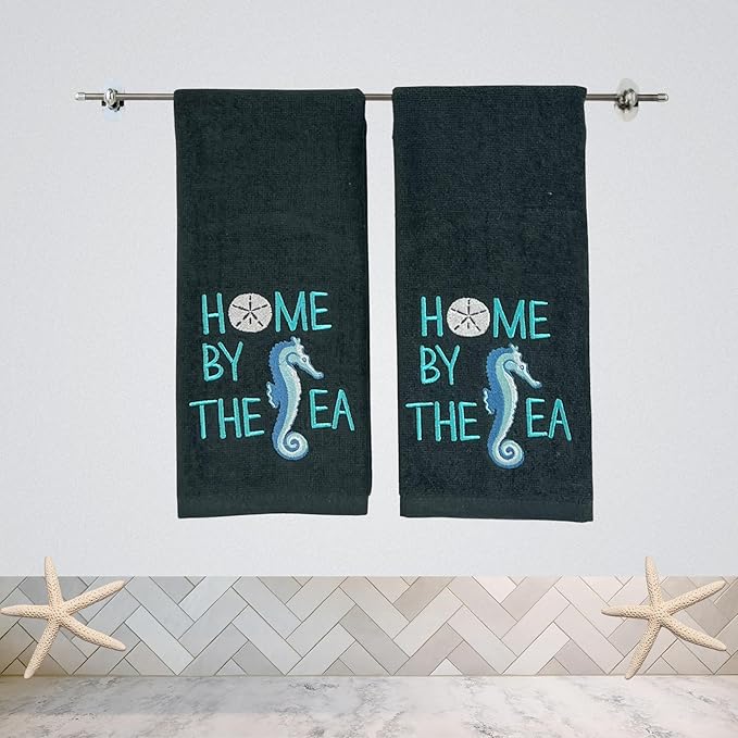 Home by The Sea Embroidered Seahorse Guest Hand Bath Towels, 2 Piece Set, 100% Cotton, Dark Gray