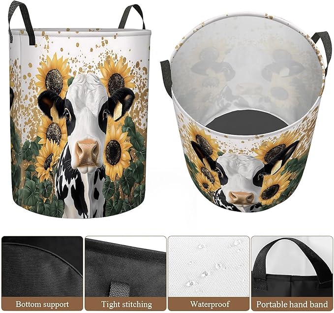 Cow Sunflower Laundry Basket, Large Canvas Collapsible Organizer Storage Basket for Nursery,Office,Toy Organizer,Home,Decor - 19.7" X 15.7 "