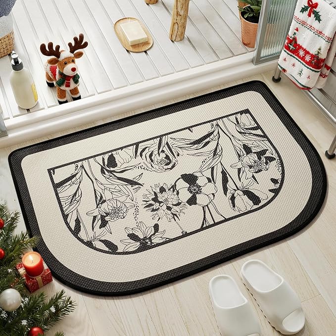 Half Circle Bath Mat, Thin Bathroom Rugs Fit Under Door Quick Dry Non Slip Washable Bathroom Mat with Rubber Backing, Absorbent Half Round Shower Rug