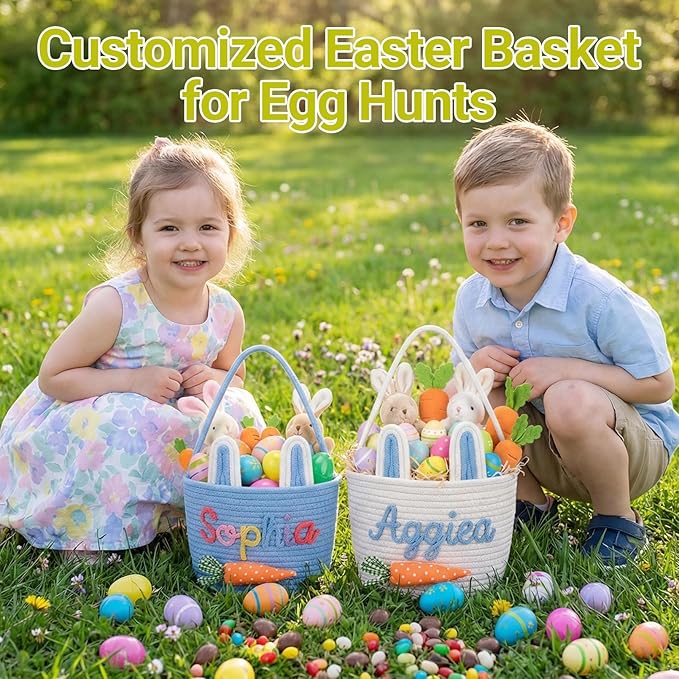 Personalized Easter Baskets for Girls, Boys Cute Bunny Custom Easter Basket with Embroidered Name for Egg Hunts Woven Cotton Rope Tote in 2 Sizes Easter Gifts for Kids