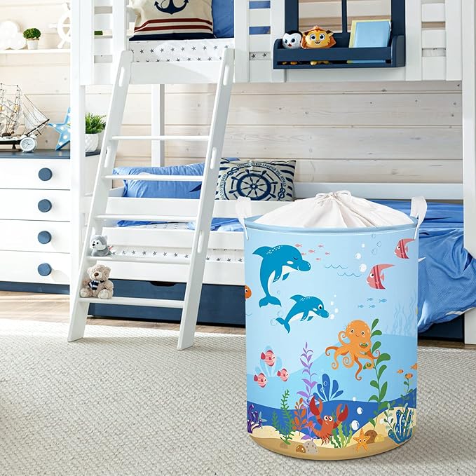 Clastyle Marine Animals Bubbles Kid Laundry Basket with Lid Foldable Sea Shark Dirty Clothes Hamper Round Toy Clothes Pool Beach Towel Basket, Blue Dolphin, 36 * 45 cm