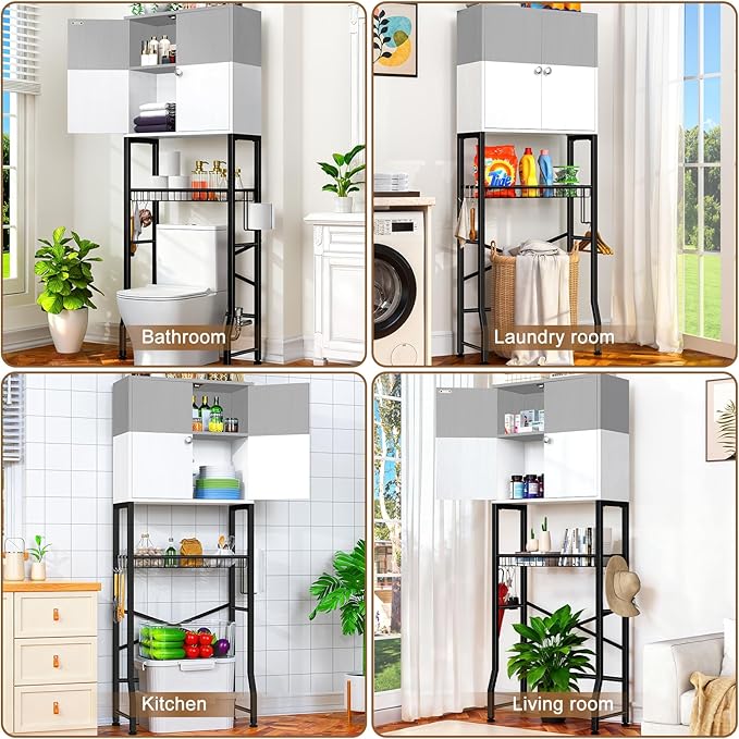 Over-The-Toilet Storage Rack, 4-Tier Bathroom Organizer Shelf Over Toilet with Barn Doors Cabinet and Basket, Freestanding Space Saver Bathroom Shelves with Paper Holder Above Toilet (Gray & White)