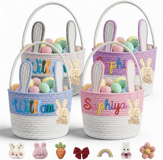 Personalized Easter Basket for Kids with Name - Custom Cute Embroidery Easter Bunny Rope Basket for Boys Girls, Easter Egg Hunt Basket (Color-blocked style)