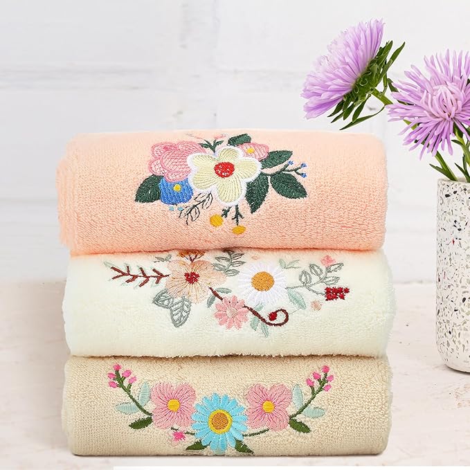 3 Pcs Boho Flowers Hand Towels Embroidered Modern Flowers Bathroom Decor 14x29 Inch Farmhouse Boho 100% Cotton Soft Decorative Hand Towels for Bathroom Kitchen