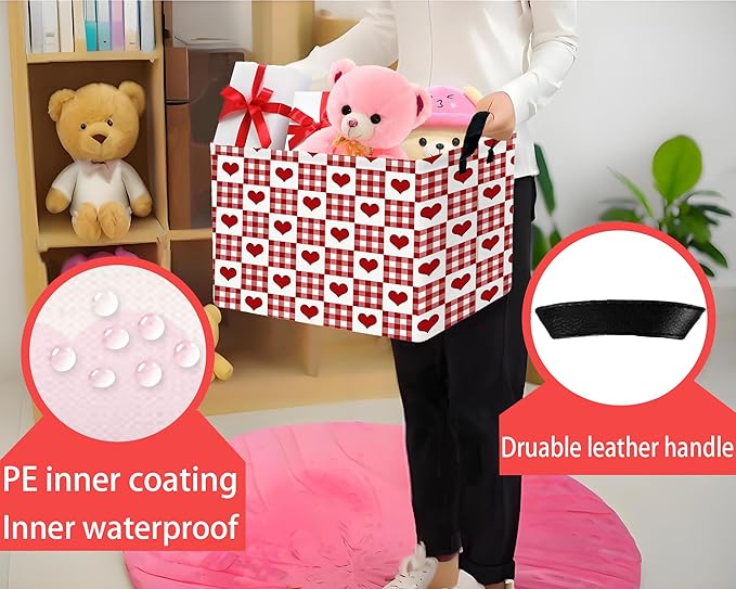 Large Valentine's Day Basket Heart Shaped Storage Bin for Gifts Collapsible Organizer Room Decor (Grid Love)