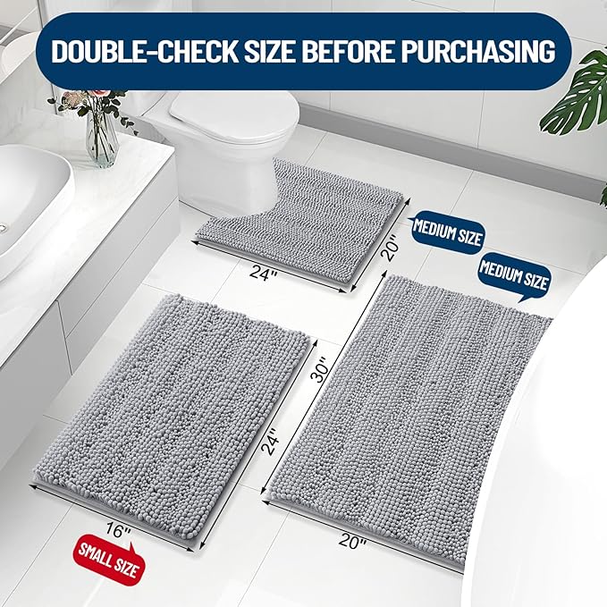 Grandaily Chenille Striped Bathroom Rugs 47x20, Extra Thick and Absorbent Bath Mats, Non-Slip Soft Plush Shaggy Shower Carpet, Machine Wash Dry, Bath Rug for Bathroom, Light Grey