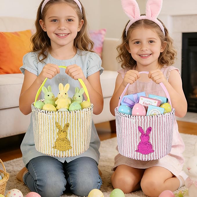 Personalized Easter Basket for Kids, Boys & Girls – Ideal for Egg Hunting & Easter Gift Storage (Yellow Sequin Bunny Basket)