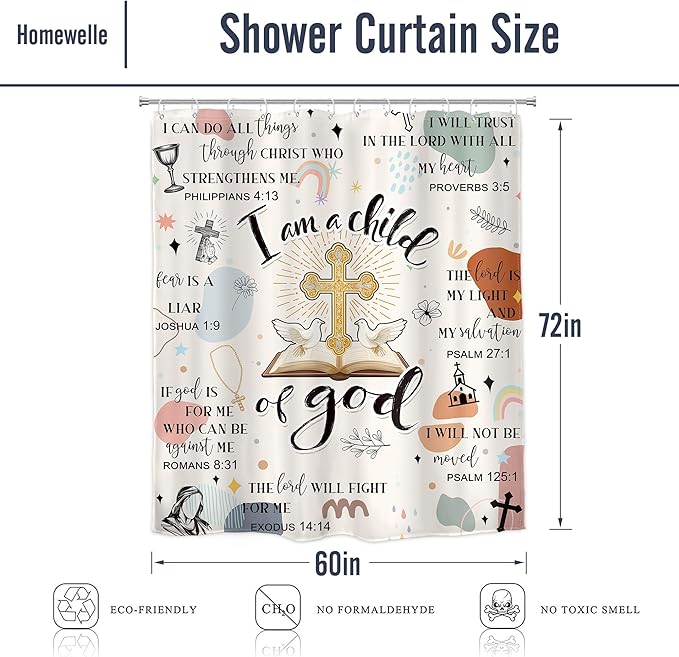 Homewelle Christian Bible Verse Shower Curtain Kids Boho Mid Century Inspirational Quotes Cross Abstract Motivational Positive Scripture 60Wx72H Inch Waterproof Polyester Fabric Bathroom Bathtub