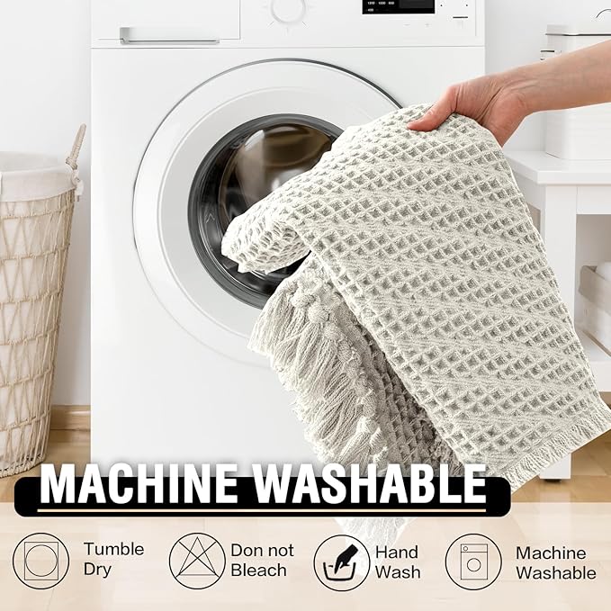 H.VERSAILTEX Waffle Bath Mat Super Absorbent Boho Bath Mat Non Slip Bath Rugs for Bathroom Floor Machine Washable Dry Fast Bathroom Rugs with Tassels (17 x 24 Plus 17 x 24 Inches, Ivory White)