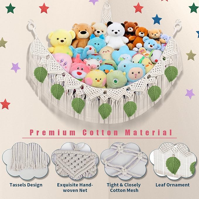 Stuffed Animal Storage Hammock Corner w/LED Star Light, 56'' Jumbo Boho Tassel Leaf Hanging Stuffed Animal Net Holder, Cream Toy Hammock Plushie Net for Kid Girls Boys Gift Nursery Decor