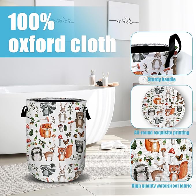 Cute Woodland Animal Laundry Basket, Laundry Hamper Collapsible Oxford Cloth with Handle Clothes Toy Storage Bin for Bathroom Laundry Room Bedroom 15.7 X 20 Inch