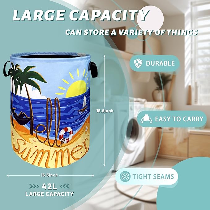Hello Summer Laundry Hamper Colorful Beach Happy Holiday Laundry Basket With Handles Foldable Oxford Cloth Portable Funny Tote Bag Clothe Toy Storage Bucket 18.9x16.5Inch For Bathroom/Laundry/Bedroom
