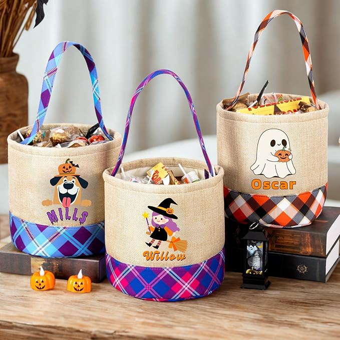 Kids Personalized Halloween Basket, Custom Name Trick or Treat Bag, Plaid Halloween Tote Bag, Pumpkin Candy Bucket for Toddlers, Boo Basket Gifts,Costume Accessory
