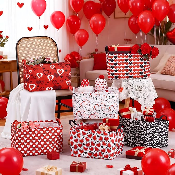 Youyole 6 Pcs Galentine's Day Gifts Basket Set Valentine's Day Storage Bins Red Heart Empty Gifts Basket Organizer with Love Pattern Valentine Decorative Container Box with Handle for Closet Shelf