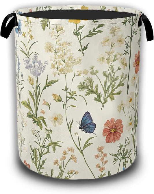 Herbs Wild Flowers Laundry Baskets,Vintage Floral Laundry Hamper,Storage Basket with Handles for Bathroom Bedroom College Dormitory Living Room Nursery Organizer 16"x20.8"