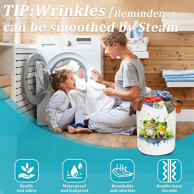 Watercolor Frog Laundry Basket, Foldable Waterproof Oxford Cloth Laundry Hamper Funny Tote Bag Dirty Clothes Storage Bucket Toy Organizer for Bathroom/Laundry/Bedroom 15.7"x19.6"