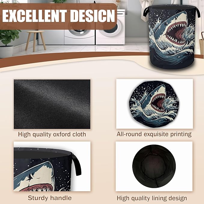 Shark Big Mouth Laundry Hamper,Ocean Wave Laundry Baskets,Waterproof Oxford Cloth Toy Storage for Bedroom,Bathroom,Nursery,16x20.8 Inch