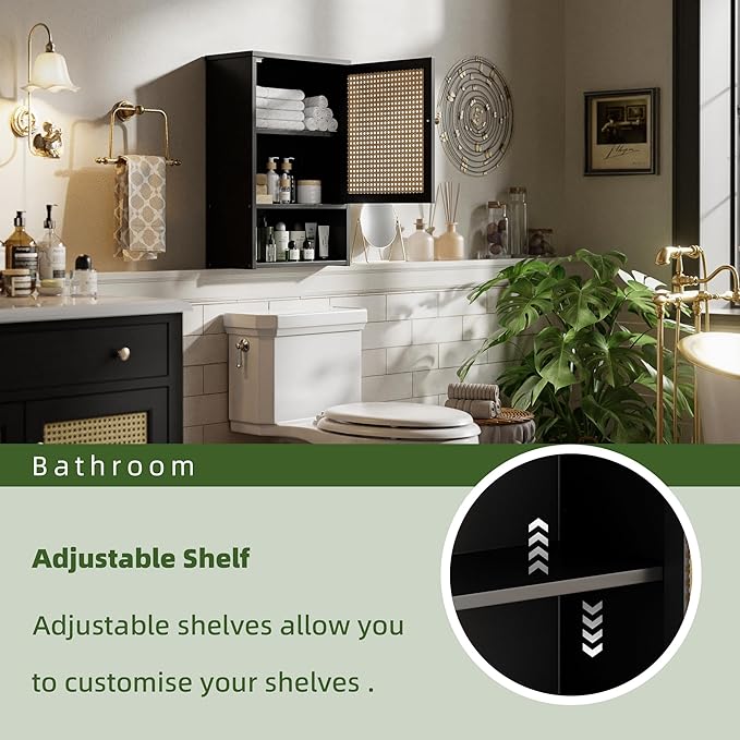Bathroom Wall Cabinet, Bamboo Over-The-Toilet Storage Organizer with Rattan Doors and Adjustable Shelf, Space Saver Medicine Cabinet for Laundry, Kitchen, Living Room (Black)