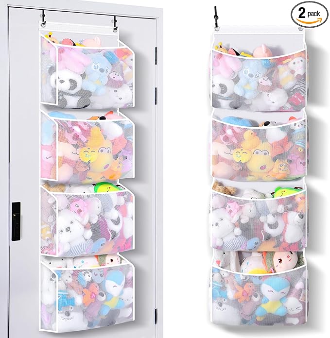 Toread Over the Door Stuffed Animal Organizer (2-pack) Innovative patented design Adjustable hooks, 3D over door stuffed animal storage, 50% more capacity, ideal for plush organizers.