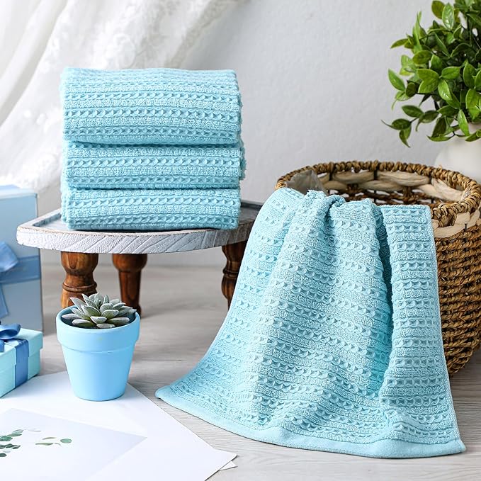4 Pack Turquoise Kitchen Towels Waffle Striped Pattern 100% Cotton Soft Hand Towels for Bathroom 13 x 29 Inch Absorbent Waffle Washcloths for Bathroom Kitchen